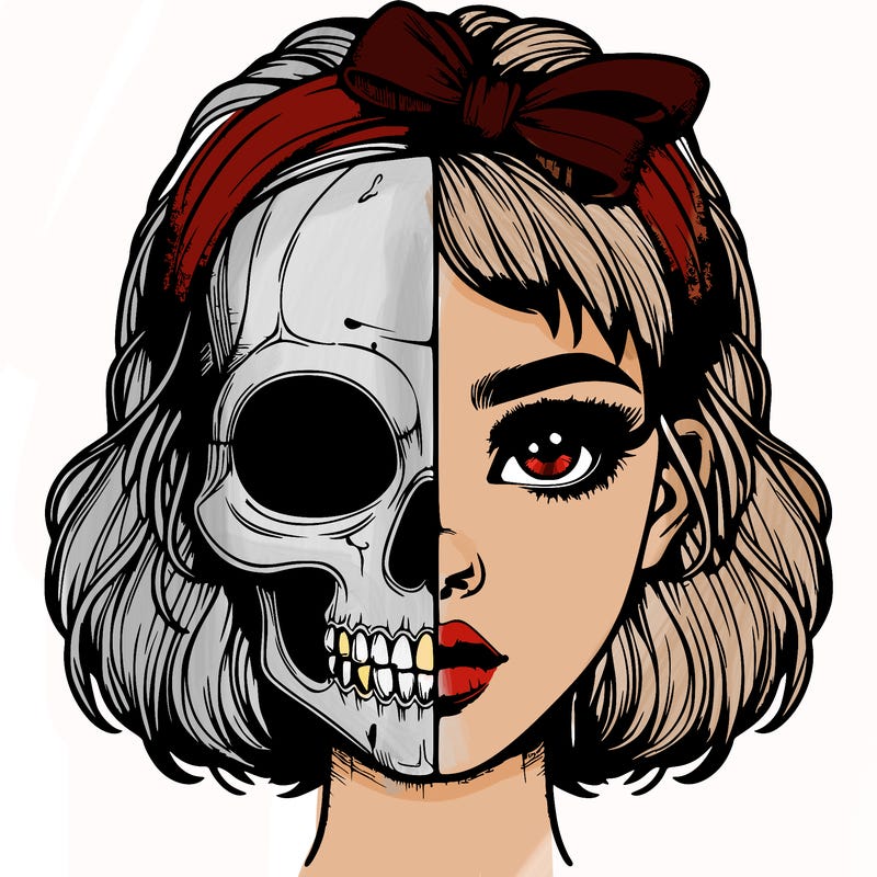 realistic girl with half skull mask