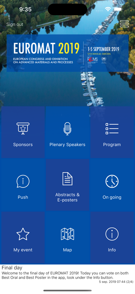 Invajo Conference & Events - Invajo Conference and Eventsアプリのメインダッシュボード。プログラムマップや講演者など、特定のイベントのナビゲーションアイコンが表示されています。