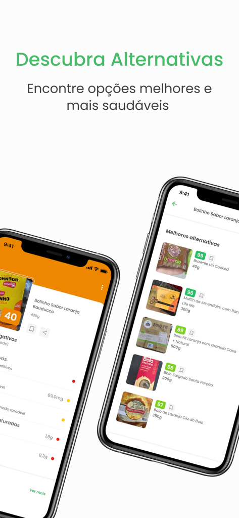 Smartphone screen showing a list of healthier food alternatives and nutritional scores in the Desrotulando app.