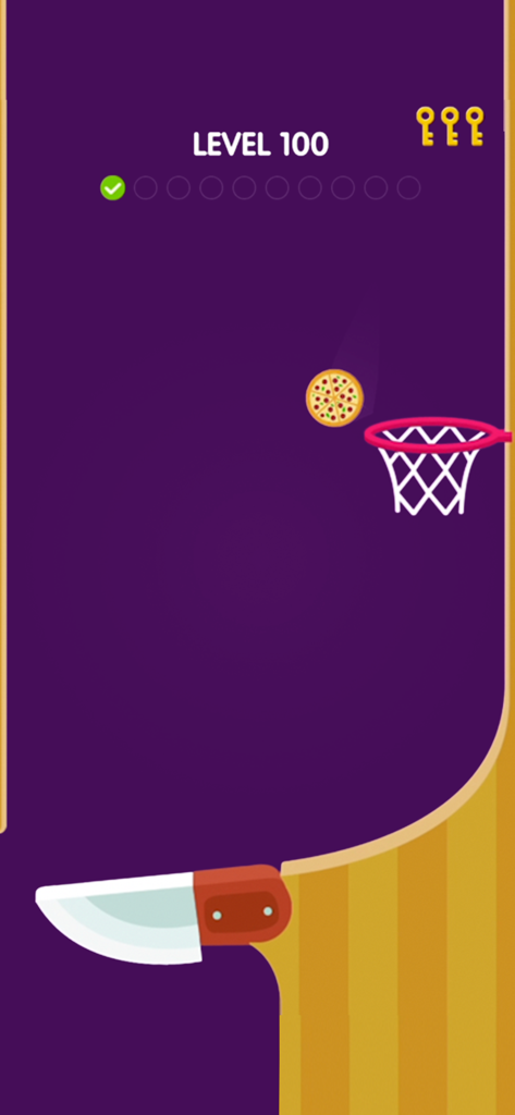 Flipper Dunk - Gameplay de Flipper Dunk mostrando uma bola de pizza sendo enterrada com um fliper de faca no nível 100