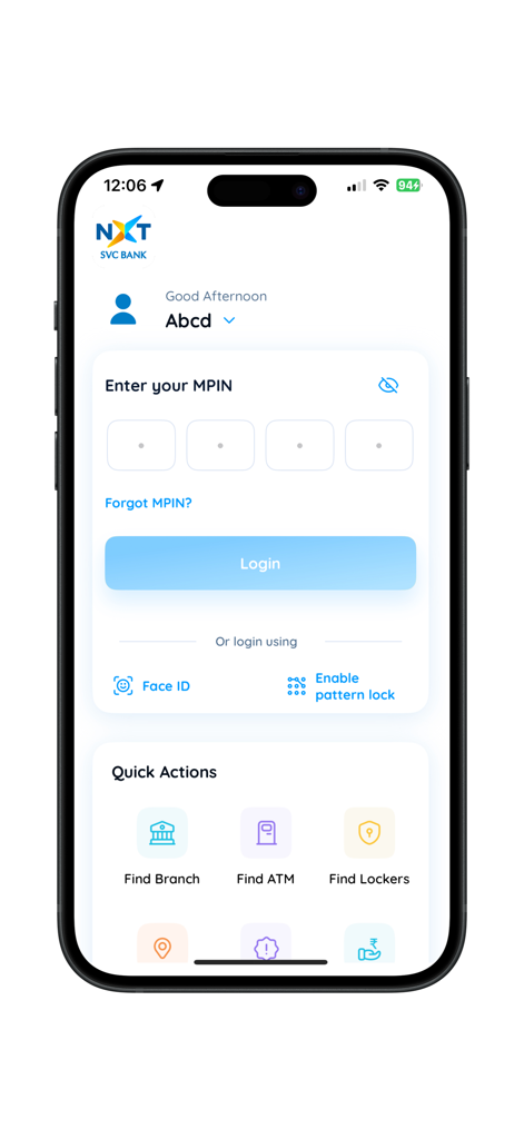 SVC NXT - Tela de login do aplicativo bancário móvel SVC NXT com entrada de MPIN e opções de autenticação biométrica.