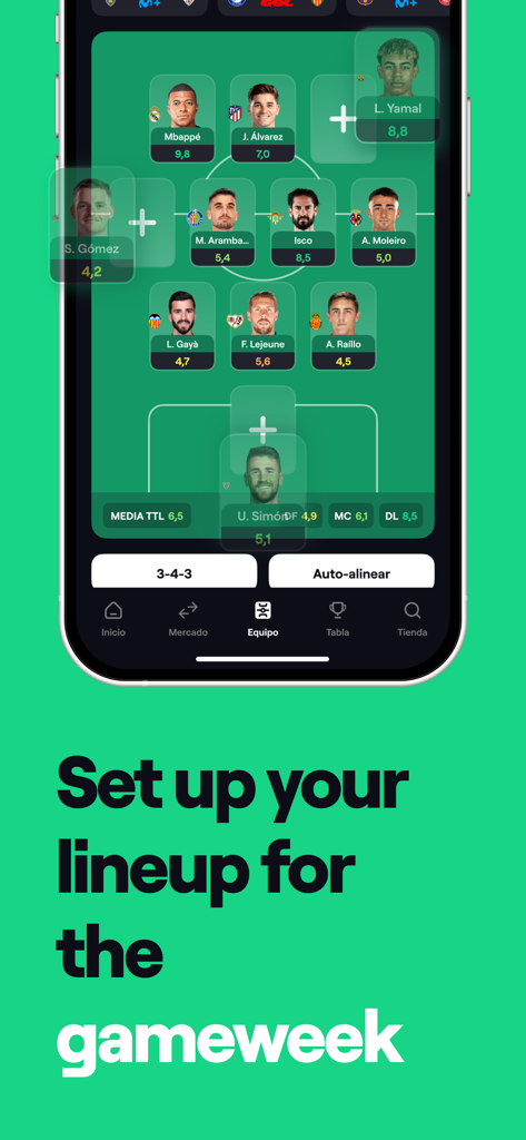 BEMANAGER - Fantasy Soccer - BEMANAGER mobile app screen showing a fantasy soccer team lineup and formation