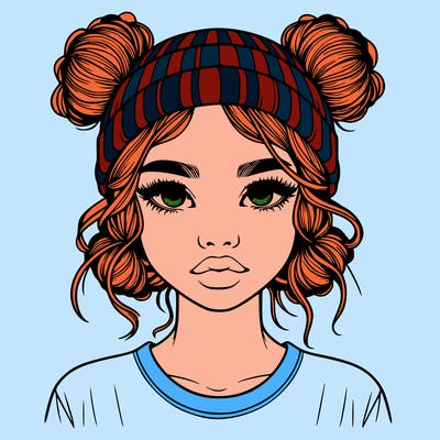realistic girl with buns in her hair with a beanie on