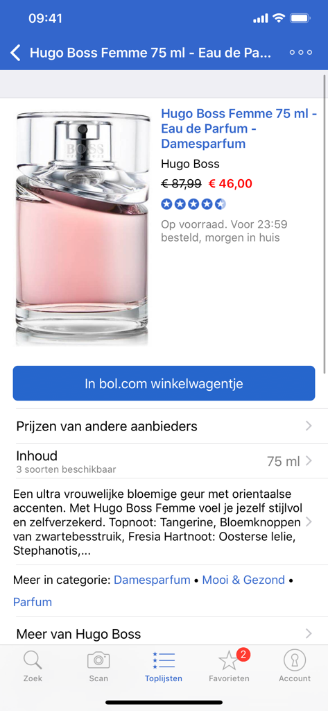 Zoek & Scan-app voor bol.com - bol.com용 검색 및 스캔 앱의 Hugo Boss Femme 향수 제품 페이지, 할인 가격 및 평가 표시