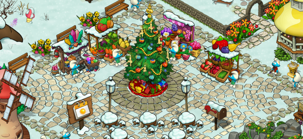 Aldea pitufo nevada con un árbol de Navidad decorado y puestos de mercado en un prado de invierno