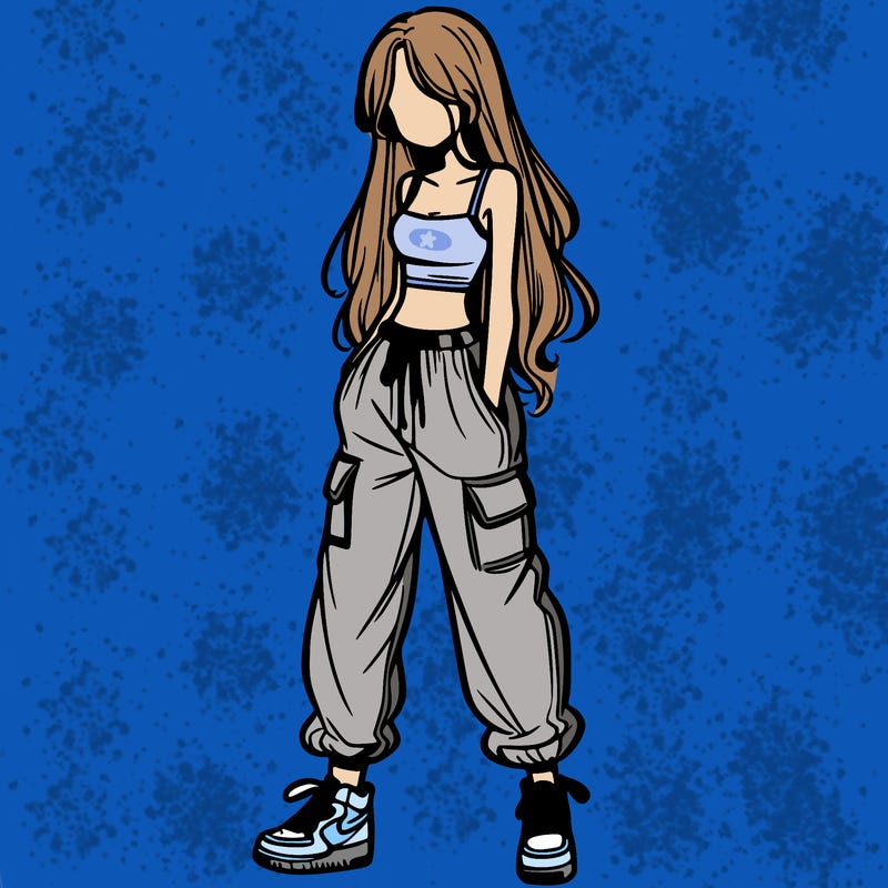 girl in baggy pants crop top and long hair