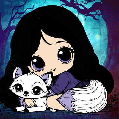 cute realistic girl cuddling with a fox