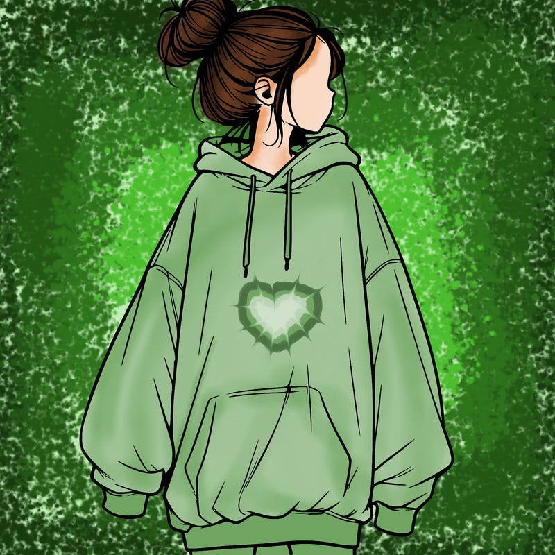realistic girl with a oversized sweatshirt on and a bun
