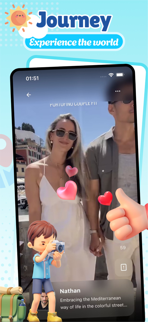 Travelmate-Fun Life - La interfaz de la aplicación Travelmate muestra una publicación de viaje de Nathan con una foto de una pareja e iconos de interacción en redes sociales.