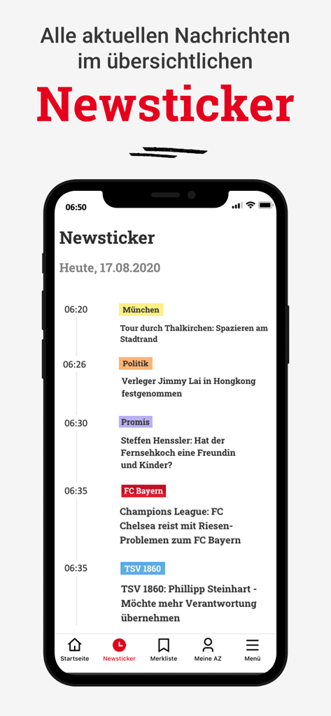 Abendzeitung München - Abendzeitung Muenchen app showing the news ticker with local Munich news and sports updates