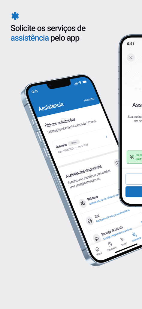 Screenshot dell'app mobile PROAUTO che mostra le opzioni di assistenza veicolare come il traino e l'avviamento della batteria