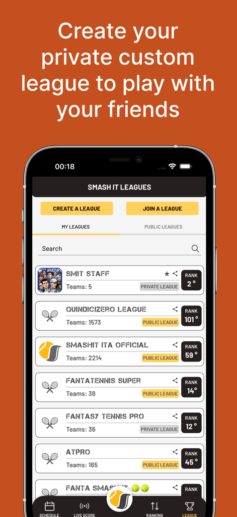 Smash It app screen showing options to create or join private fantasy tennis leagues with friends.