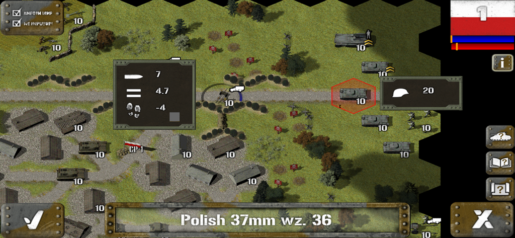 Tactical hex based map view of Tank Battle Blitzkrieg showing World War II units and terrain