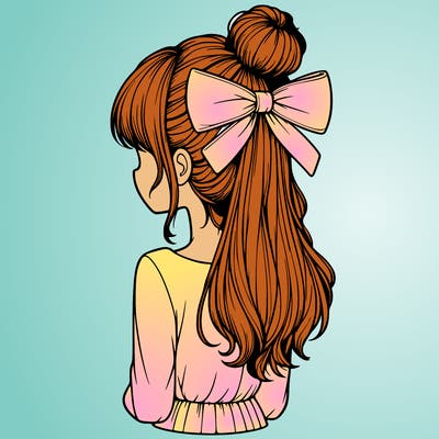 realistic girl  with hip length hair a bun and a big bow on the back of head