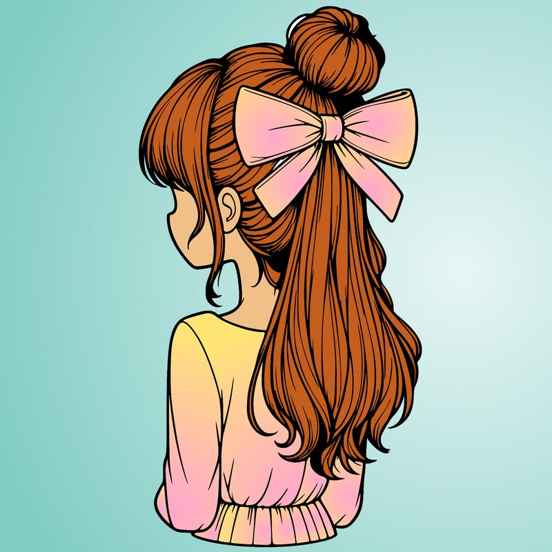 realistic girl  with hip length hair a bun and a big bow on the back of head