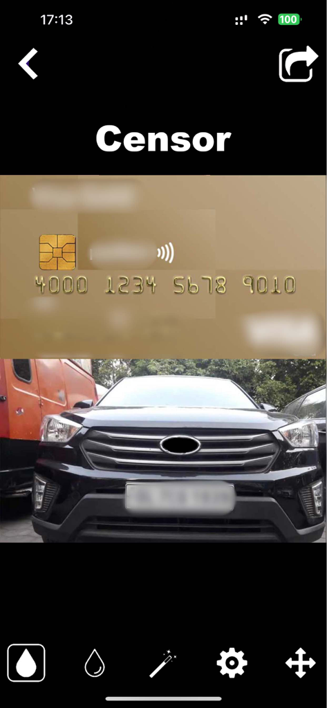 Blurr: Motion Blur Effect Pro - Zensieren einer Kreditkarte und eines Kfz-Kennzeichens mit der Blurr-App-Datenschutzfunktion