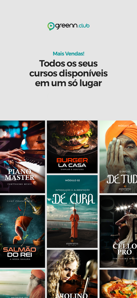 Greenn Club app interface showing a grid of various online courses including music, cooking, and wellness.