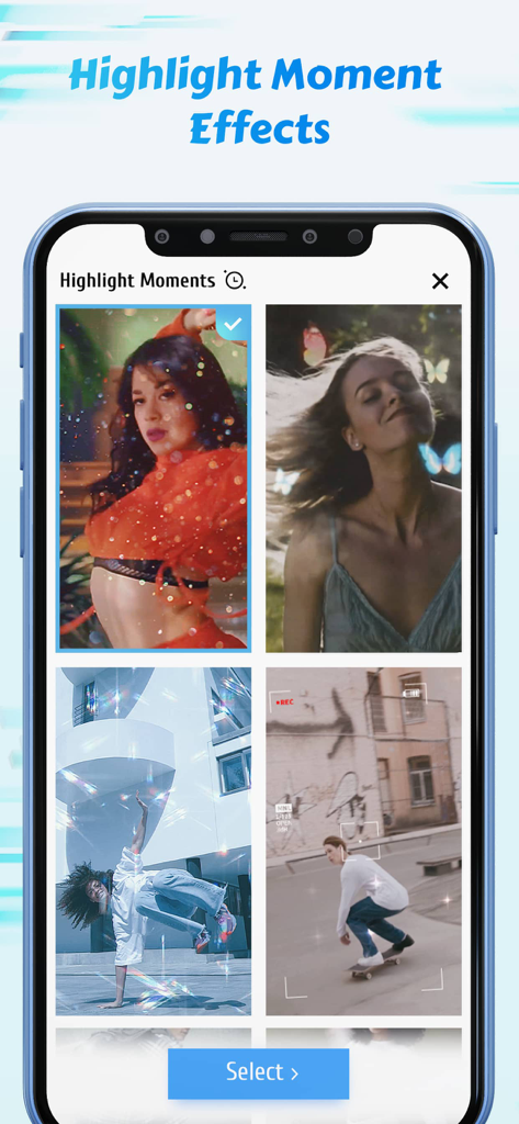 Time Cut: Smooth Slow Motion - A collection of aesthetic video highlight effects and filters including butterflies and sparkles in the Time Cut app interface.
