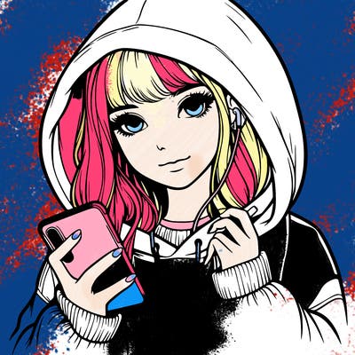 realistic girl with oversized hood and holding a phone
