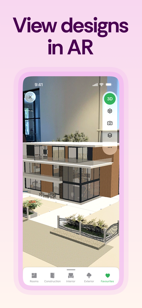 Planner 5D: AI Home Design - Ein 3D-Architekturmodell eines Hauses, das mit Augmented-Reality-Technologie auf einem Handybildschirm angezeigt wird.