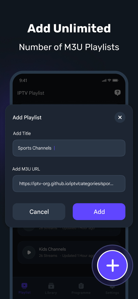 iPTV Smarters - Watch Live TV - Adding a new M3U playlist with title and URL in the IPTV Smarters app