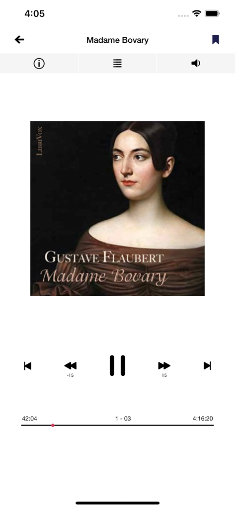 Lis-a - Audiobook player interface in Lis-a app playing Madame Bovary