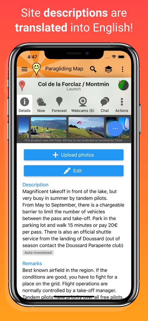 Paragliding Map - Smartphone screen showing auto-translated paragliding launch site details and photos
