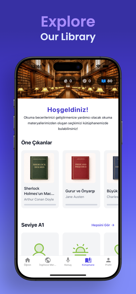 Learn English by FluenTech - Interfaz de la biblioteca de la aplicación FluenTech con libros clásicos en inglés para estudiantes de idiomas
