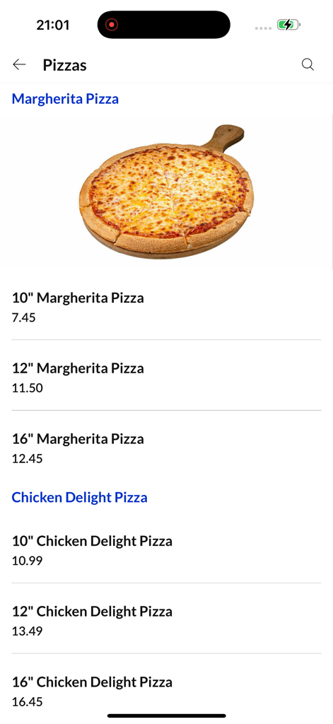 Chilli Waves South Queensferry - A menu screen in the Chilli Waves app showing Margherita and Chicken Delight pizza options with different sizes and prices