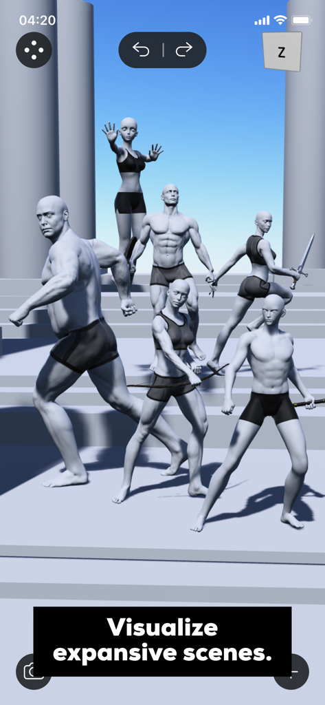 Magic Poser - Art Pose Tool - A 3D scene in Magic Poser featuring multiple male and female character models in various dynamic action poses