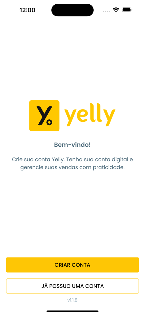 Welcome screen of the Yelly app with login and create account buttons