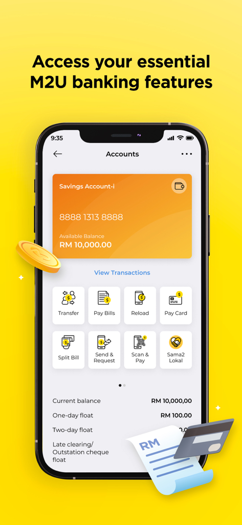 MAE by Maybank2u app interface showing savings account balance and quick access banking features like transfer and pay bills
