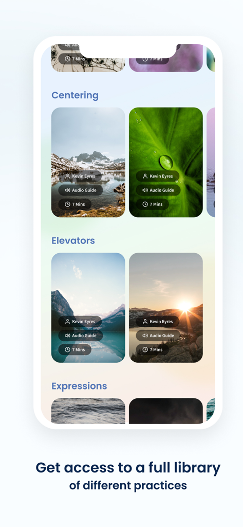 Una biblioteca de prácticas de audio de meditación guiada y centrado en la interfaz de la app Hoffman Daily Practice.