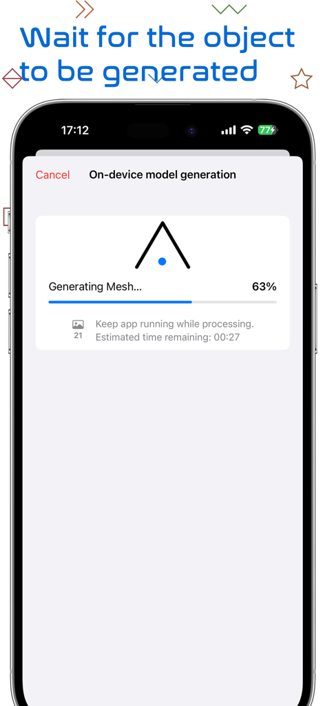 3Dオブジェクトキャプチャアプリの画面に、オンデバイスメッシュ生成の進捗状況が63%で表示されています。