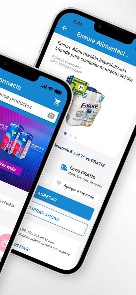 Aplicación móvil San Pablo Farmacia mostrando una página de producto para Ensure con información de envío gratuito.