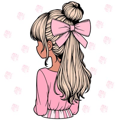 realistic girl  with hip length hair a bun and a big bow on the back of head
