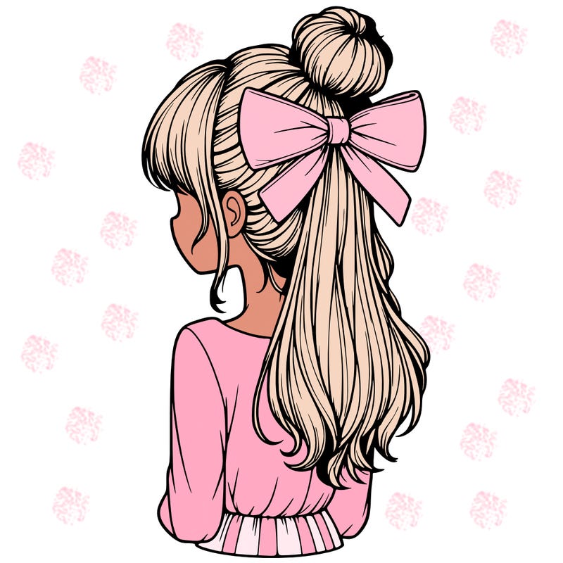realistic girl  with hip length hair a bun and a big bow on the back of head