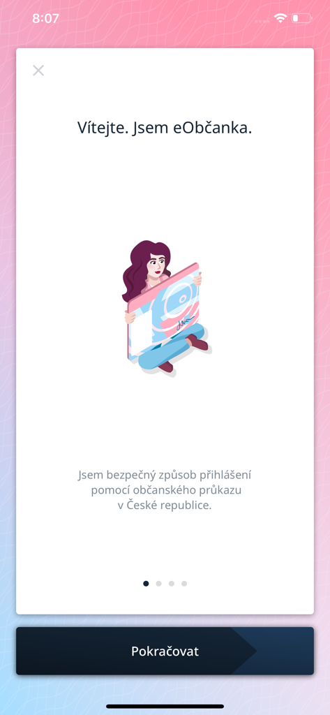 The welcome screen of the eObcanka app featuring an illustration of a person holding a large Czech identity card.