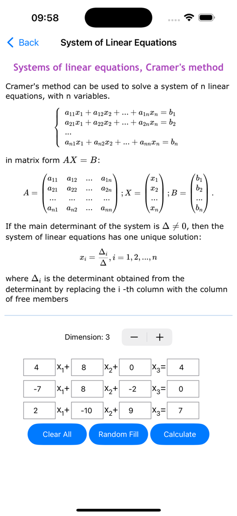 Oberfläche zum Lösen von Systemen linearer Gleichungen mit der Cramerschen Regel mit mathematischer Theorie und Eingabefeldern.