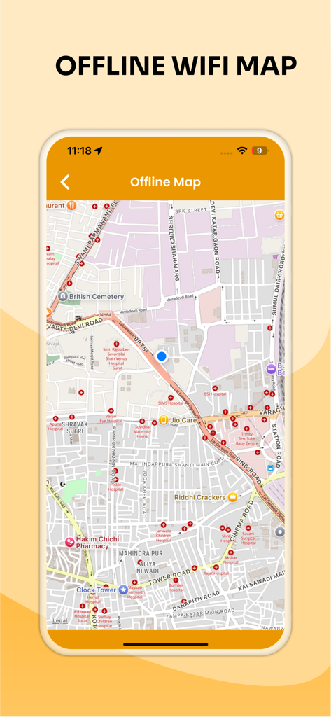 Interface mostrando um mapa offline com marcadores de localização para redes WiFi em um dispositivo móvel.
