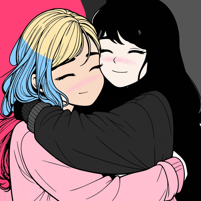 realistic two girls hugging