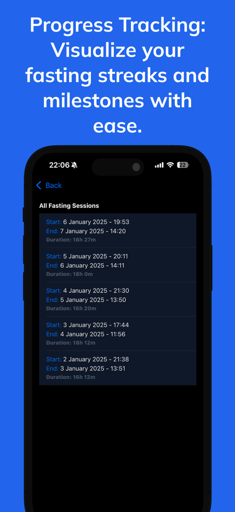 Simple Fasting App - Smartphone screen showing a list of past fasting sessions with start dates and durations in the Simple Fasting App