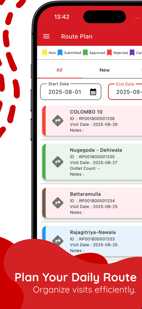 vantage MRIS - Interface of the vantage MRIS mobile app showing a daily route plan for medical sales representatives with visit locations and status indicators