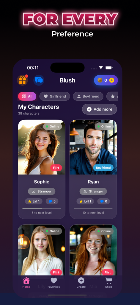 A character selection screen in the Blush AI dating app featuring various male and female virtual companions
