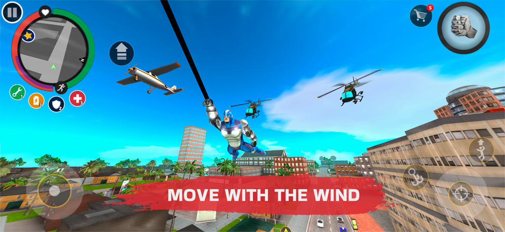 Superhéroe azul balanceándose por una ciudad en 3D con aviones y helicópteros en el cielo