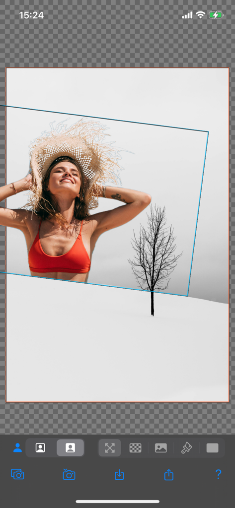 Background Replacer - 雪景色の上に編集され、レイヤーされた日傘をさした女性を示すBackground Replacerアプリのスクリーンショット。