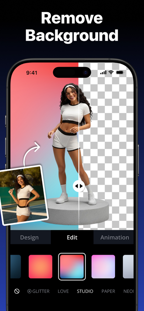 Tenada AI Photo Graphic Design - 女性の写真のTenadaアプリのAI背景除去機能を示すスマートフォン画面。