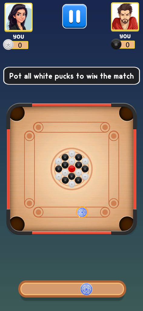 No WiFi Mini Games Offline Fun - Uma captura de tela do jogo de tabuleiro Carrom no aplicativo Jogos Offline Sem WiFi mostrando uma partida para dois jogadores