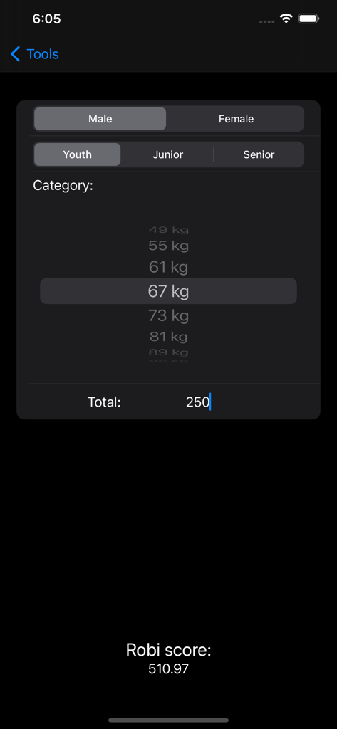 Weightlifting Toolkit - Robi score calculator interface in Weightlifting Toolkit app showing weight categories and results.