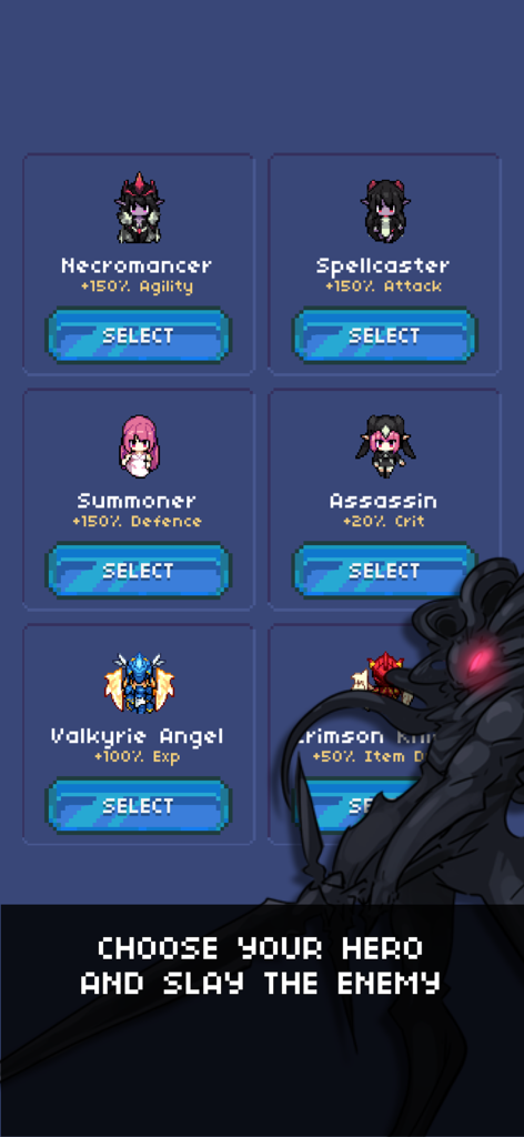 Hero selection screen with various pixel art characters